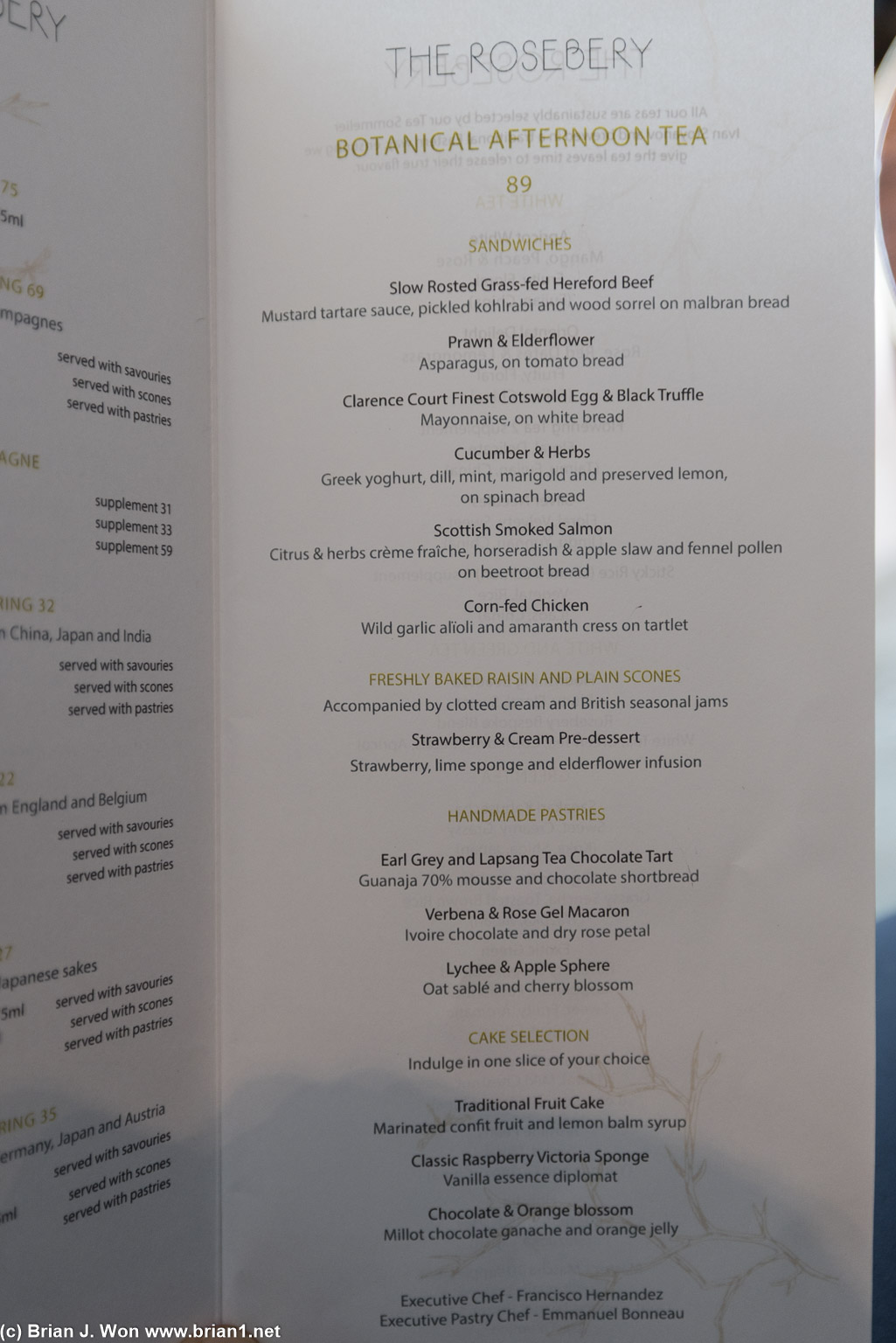 Menu at The Rosebery.