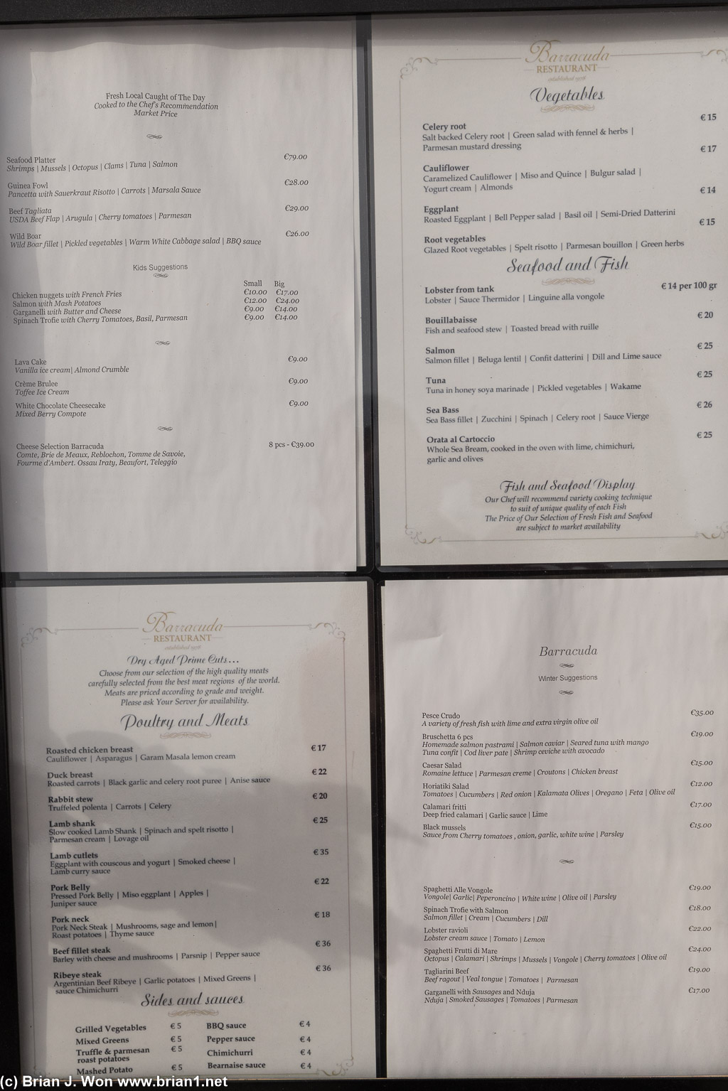 Menu at Barracuda Restaurant.