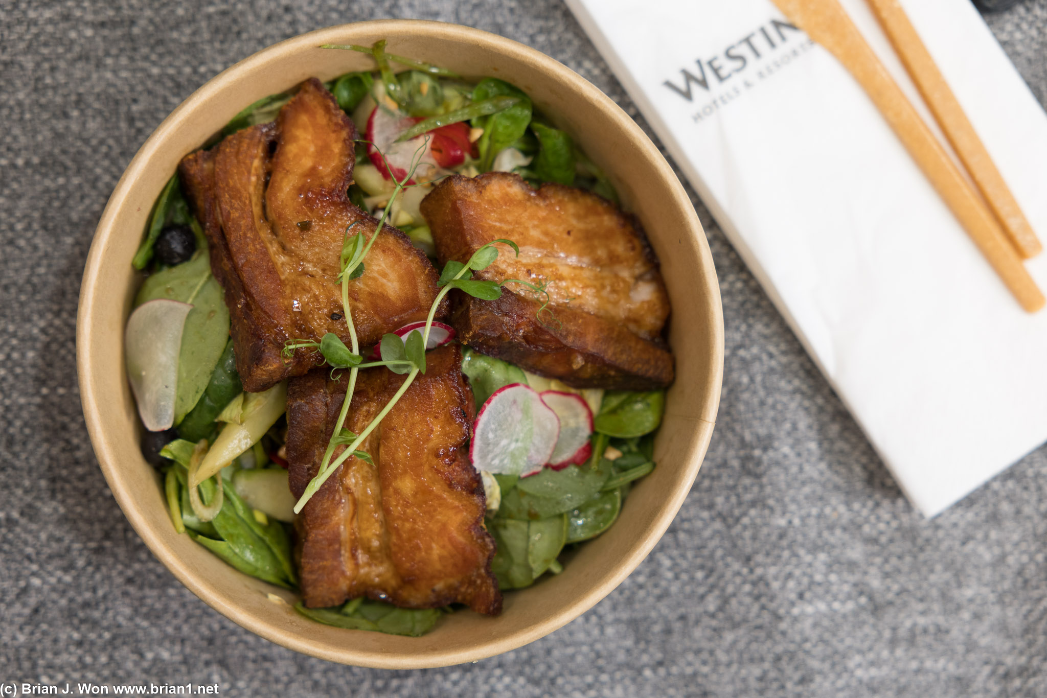 Pork belly was overcooked.