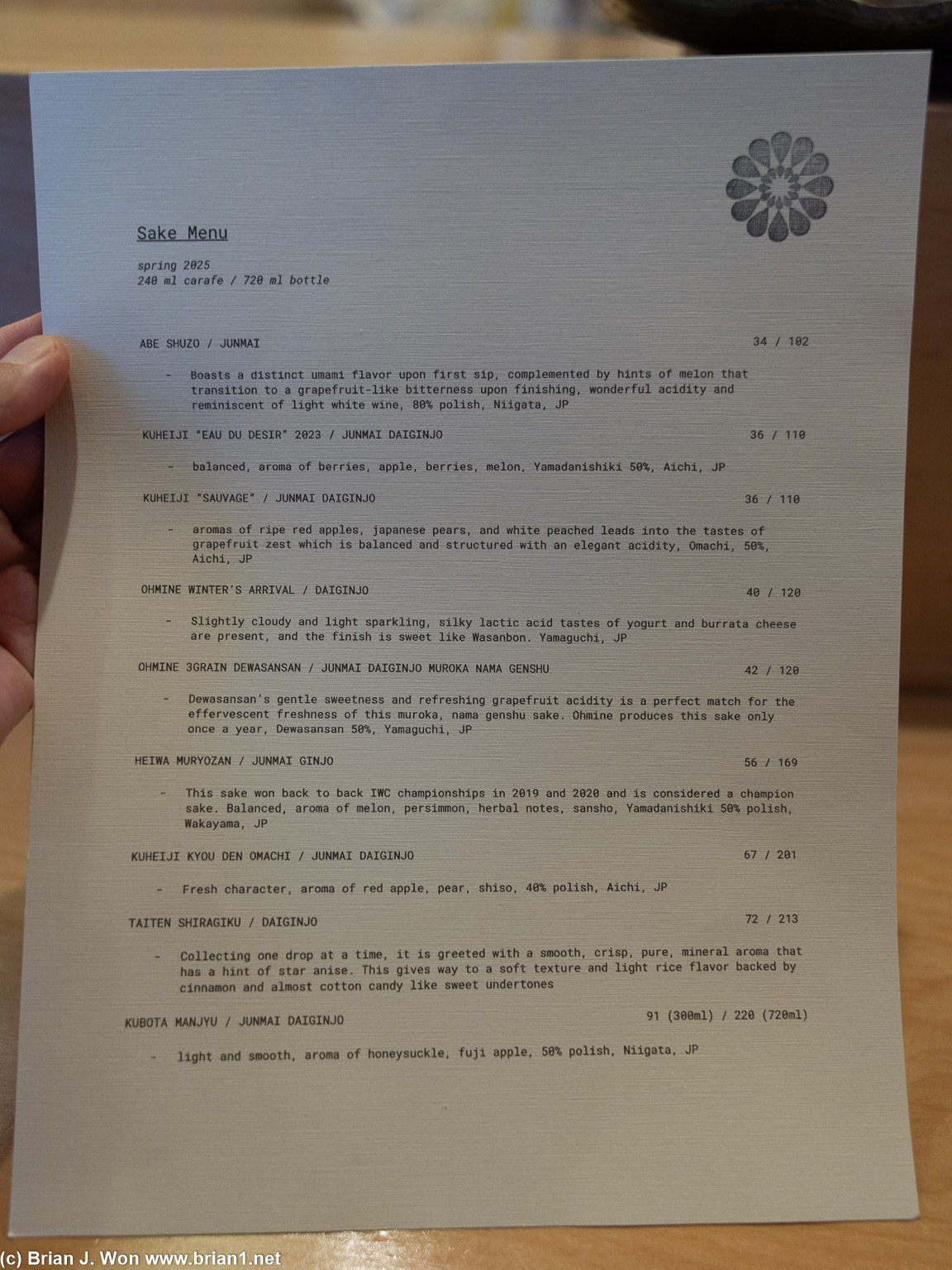 Sake menu at Sushi Sonagi.