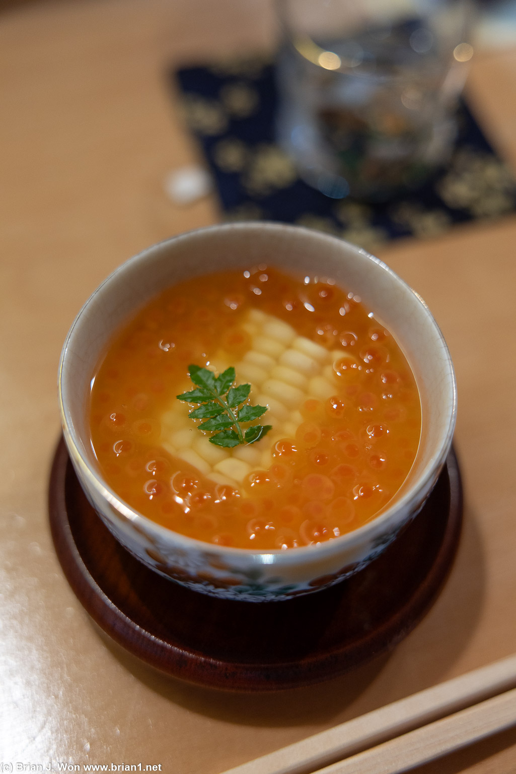 Snow crab chawanmushi, with ikura and sweet corn.