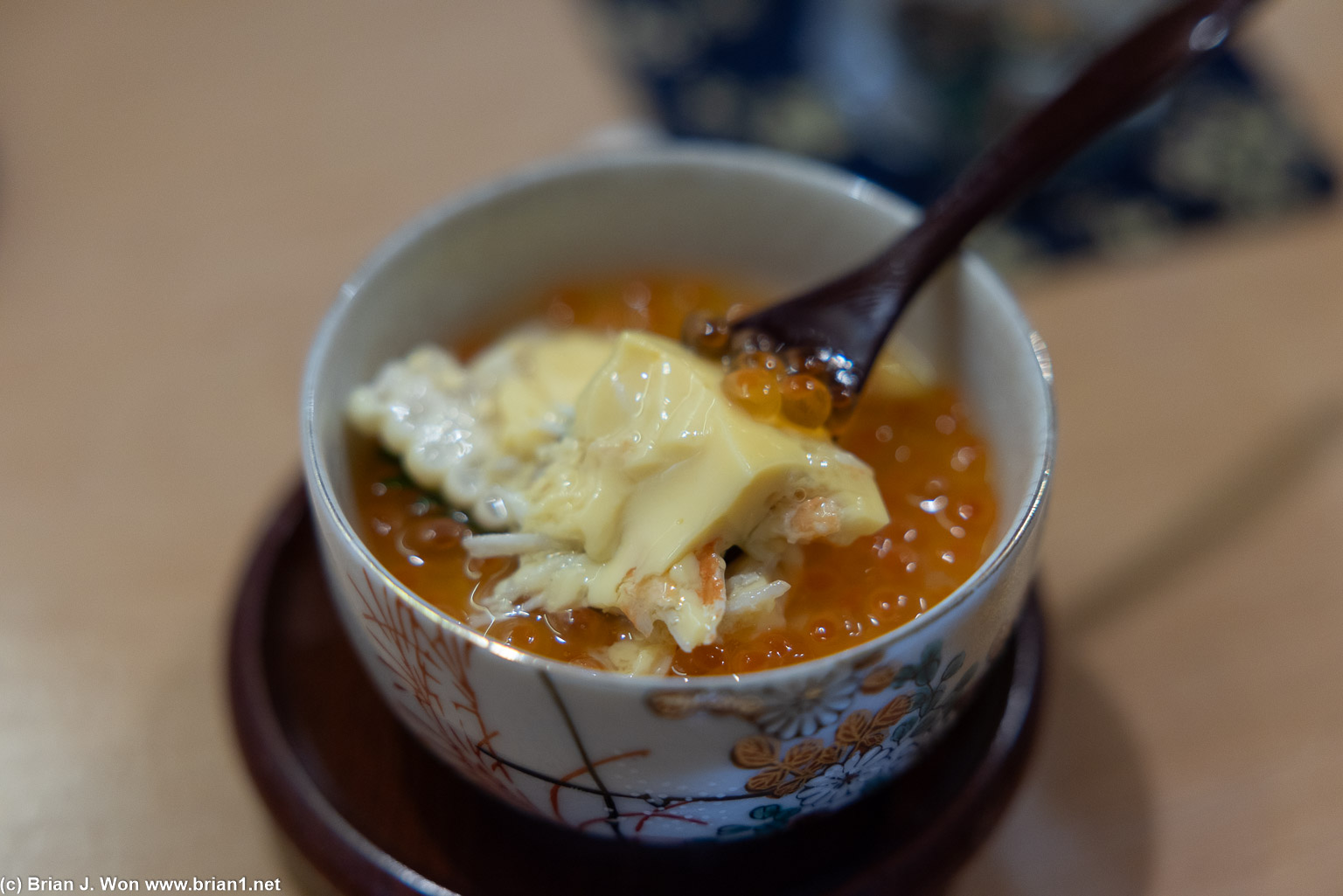 Snow crab chawanmushi, with ikura and sweet corn.