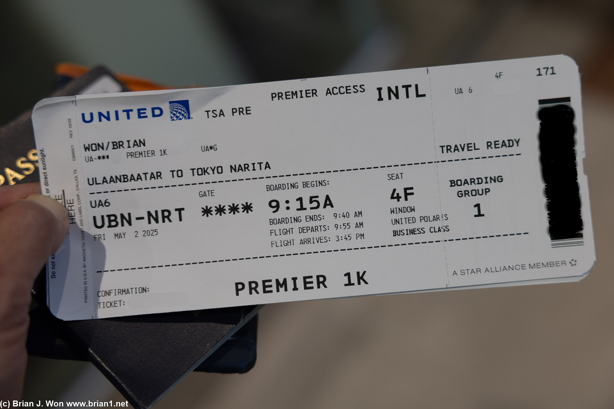 Boarding pass for this morning's inaugural flight from Ulaanbaatar to Narita.