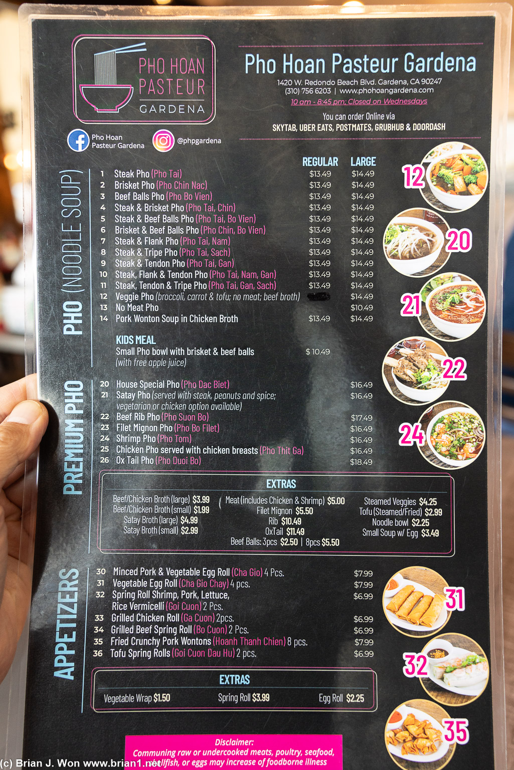 Menu at Pho Hoan Pasteur Gardena.