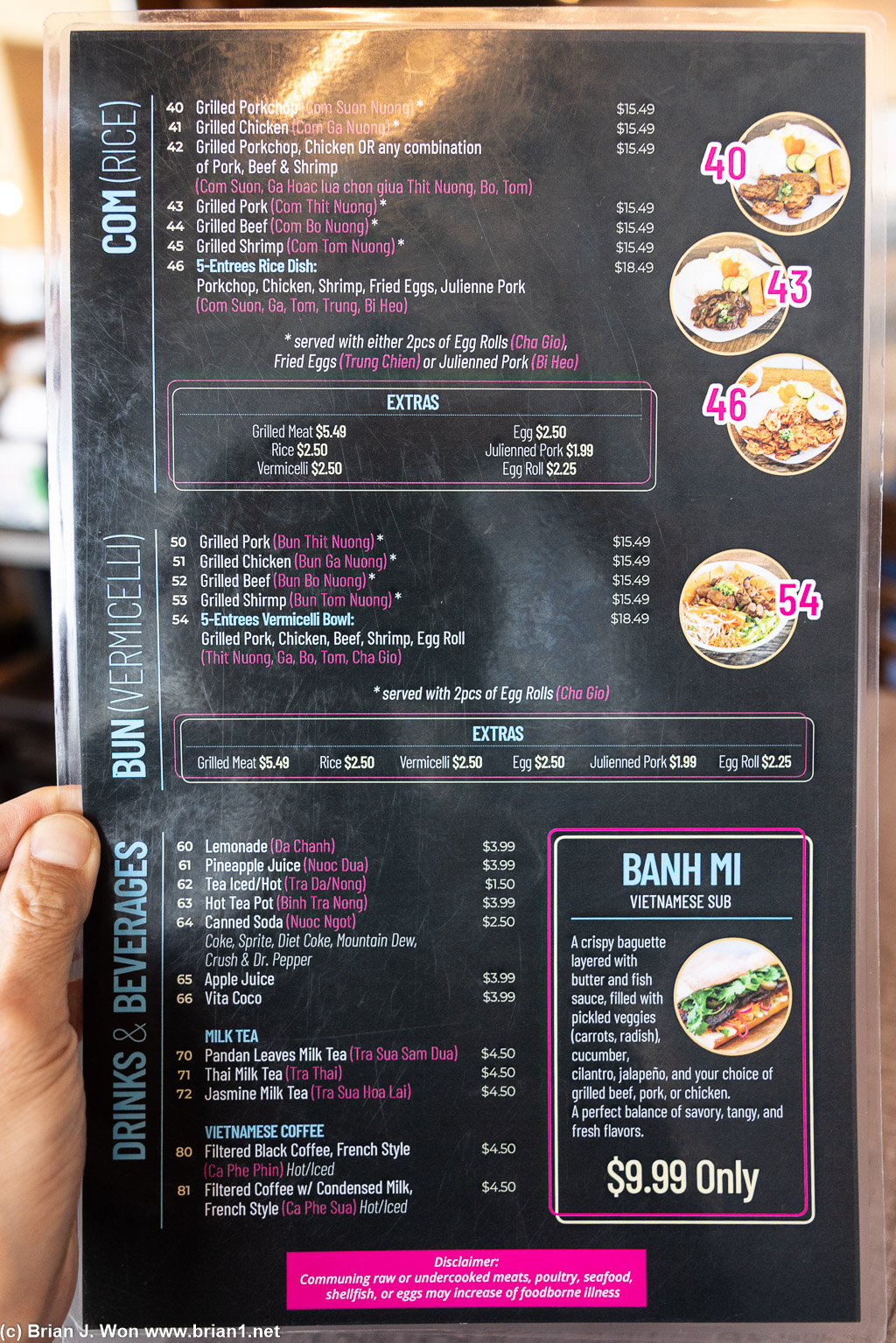 Menu at Pho Hoan Pasteur Gardena.