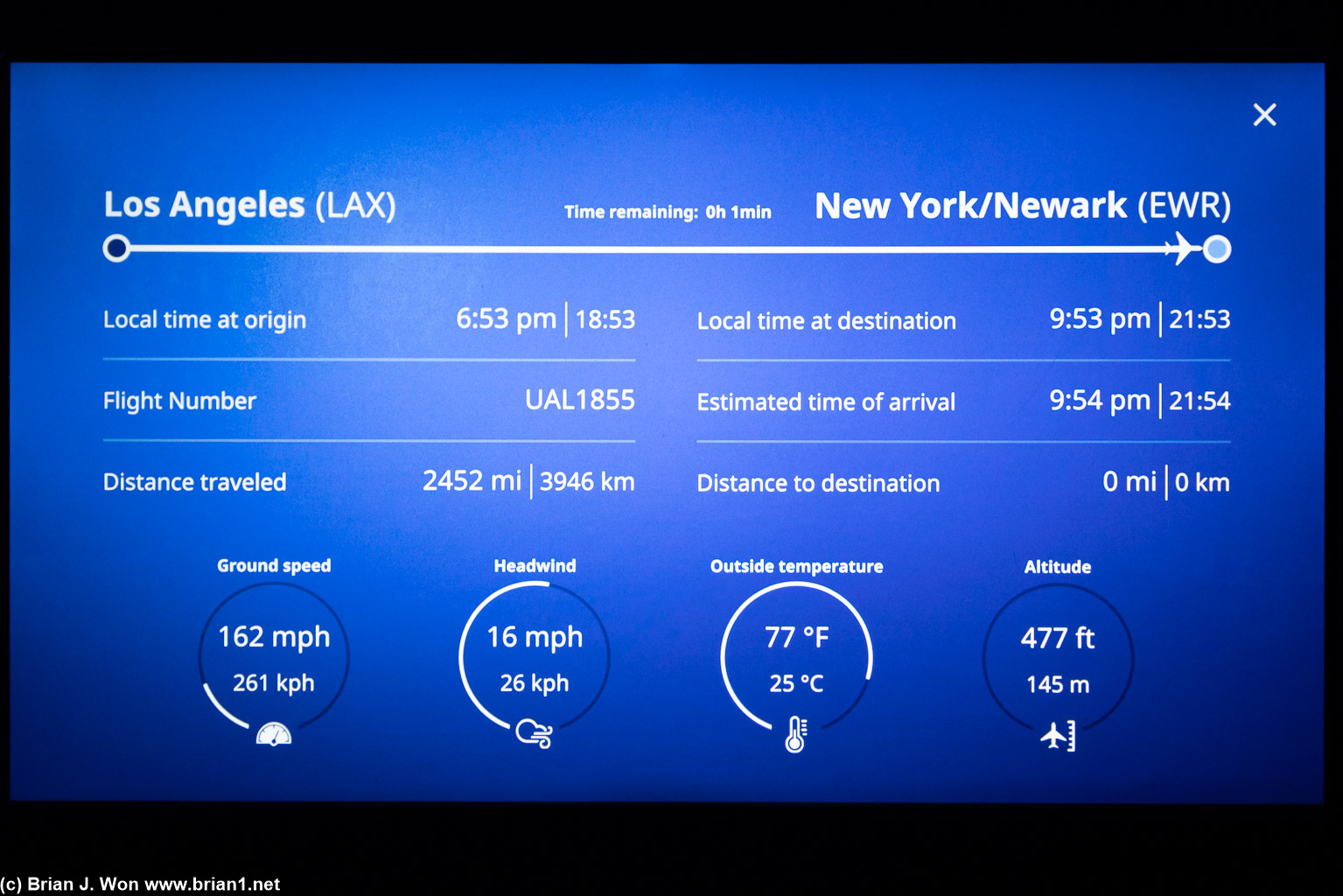 4hr 37min flight time (actual), 2,452 miles (actual), 2,454 miles (great circle), 2,697 miles (Flightaware).