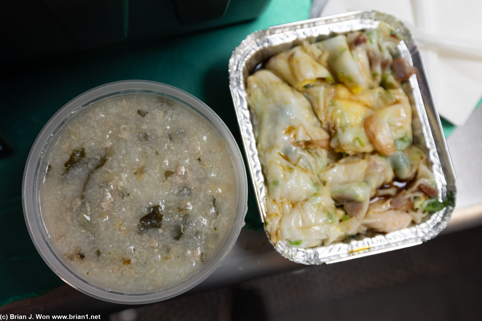 Pork and preserved vegetable jook on left was a bit thin but crazy good for what's normally an unremarkable dish.