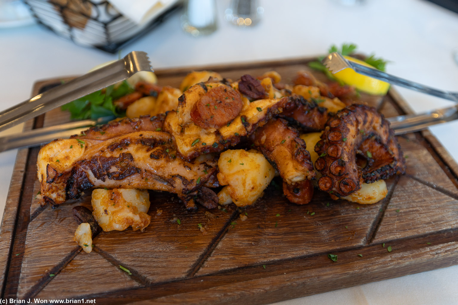 Octopus, sausage, potato-- massive portion for sharing.
