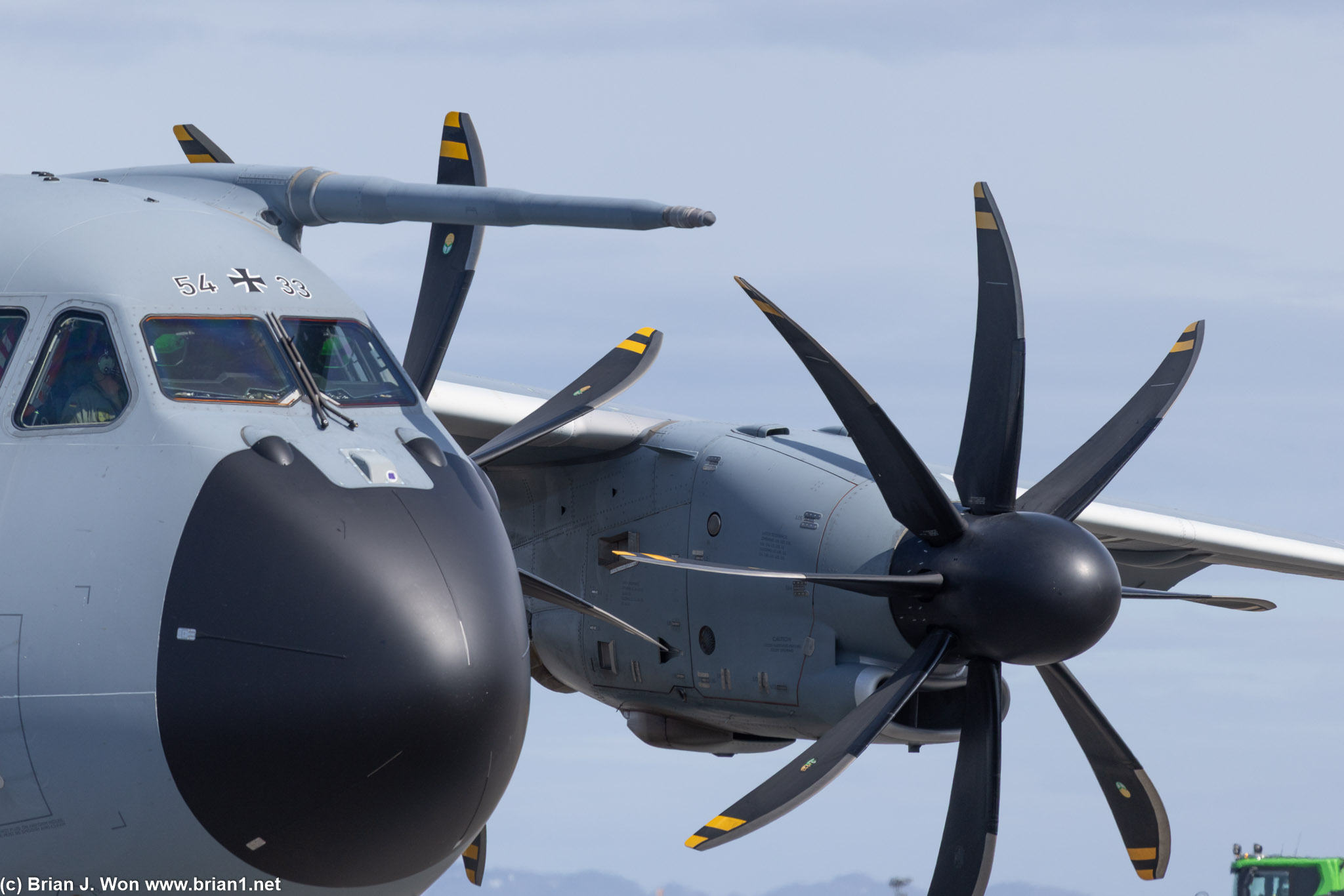 Close-up of refueling probe and Europrop TP400-D6 with 8-bladed propeller.