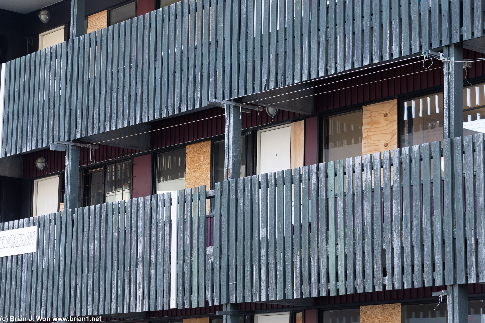 This apartment building was distinctive. Not sure why so many windows were boarded up.