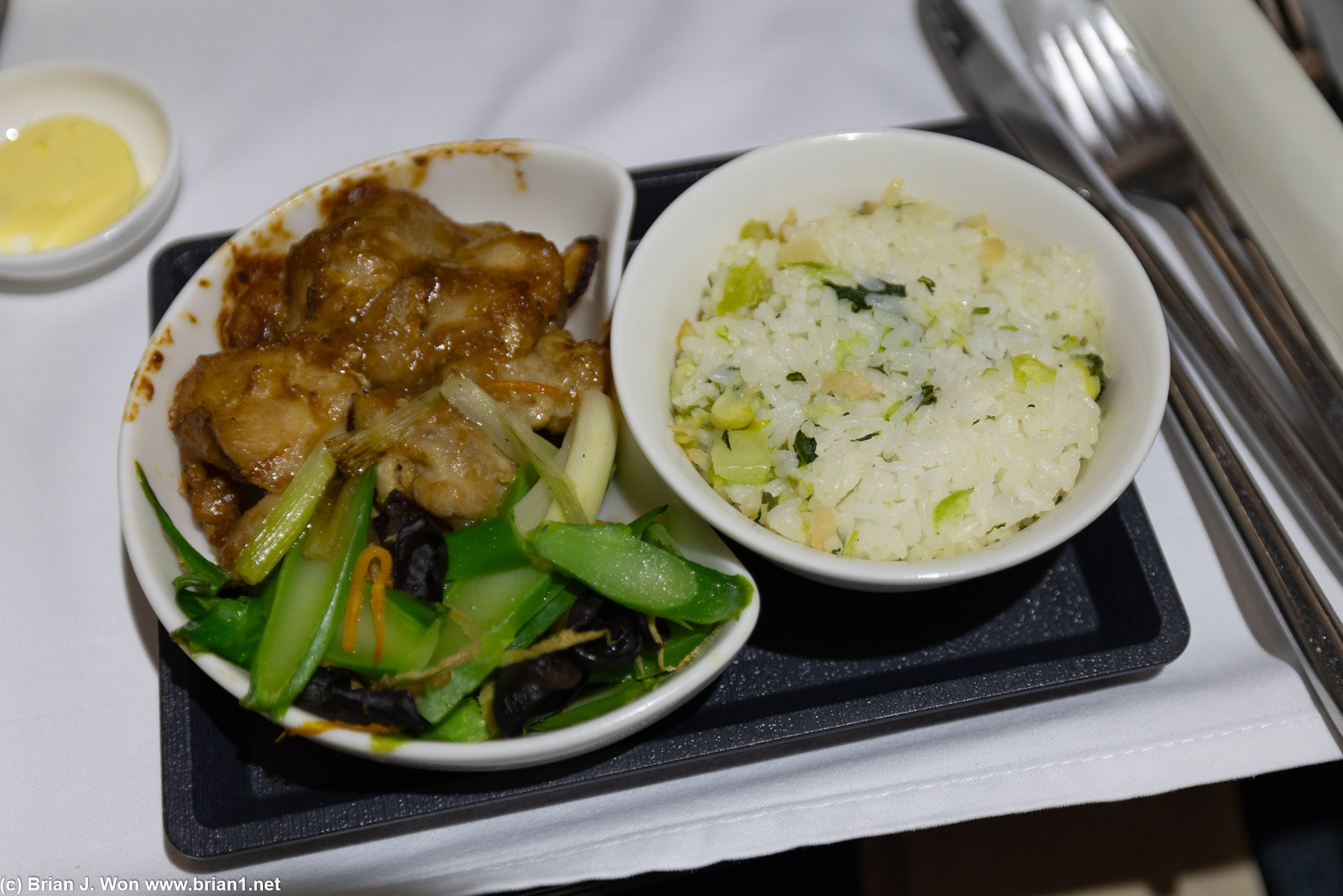Chicken, gai lan, and rice.