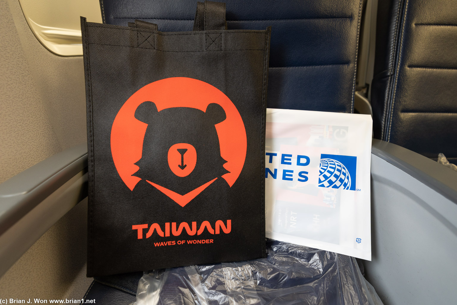 Taiwan Tourism Board and United Airlines bags full of swag.