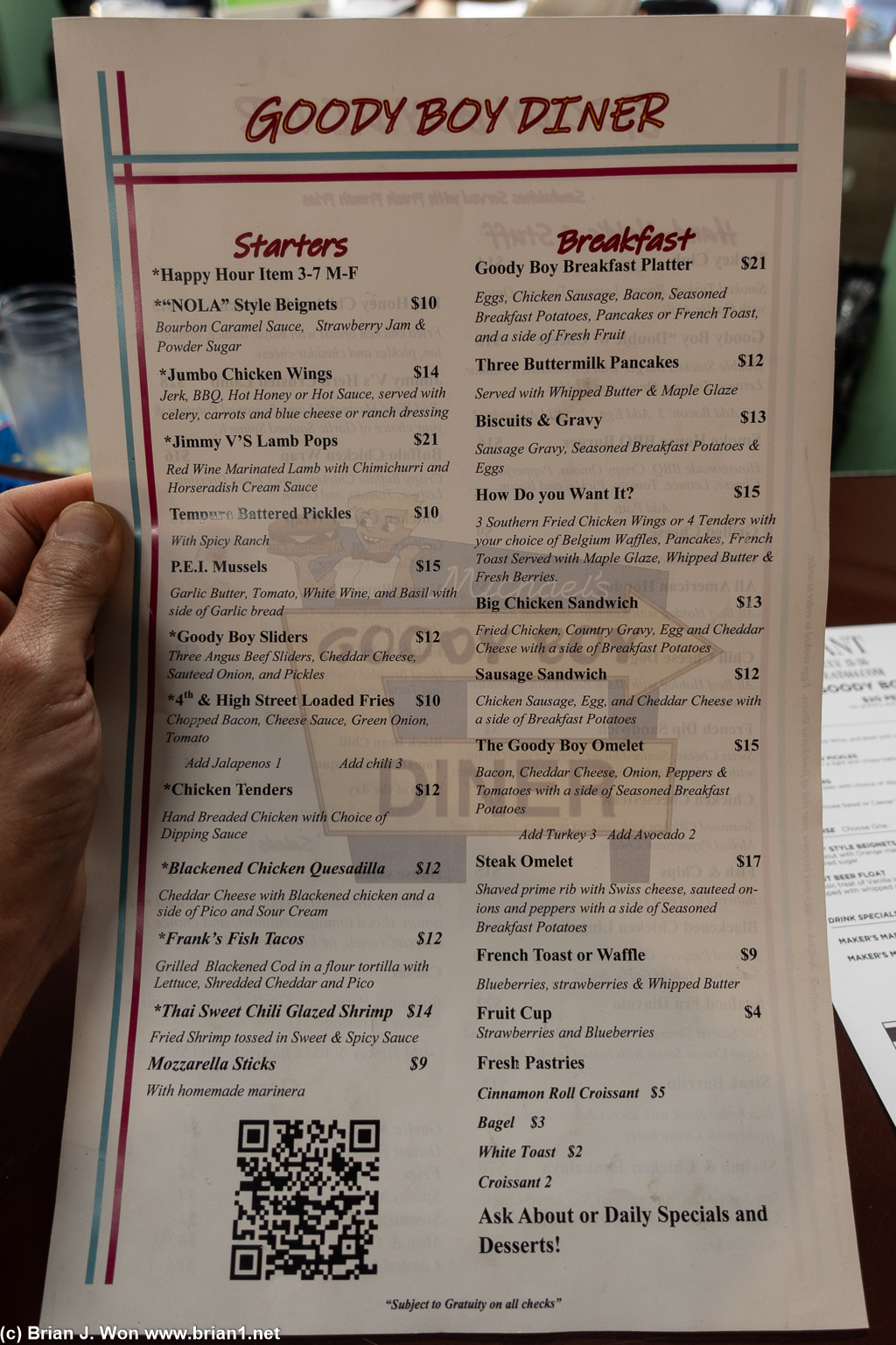 Goody Boy Diner menu.