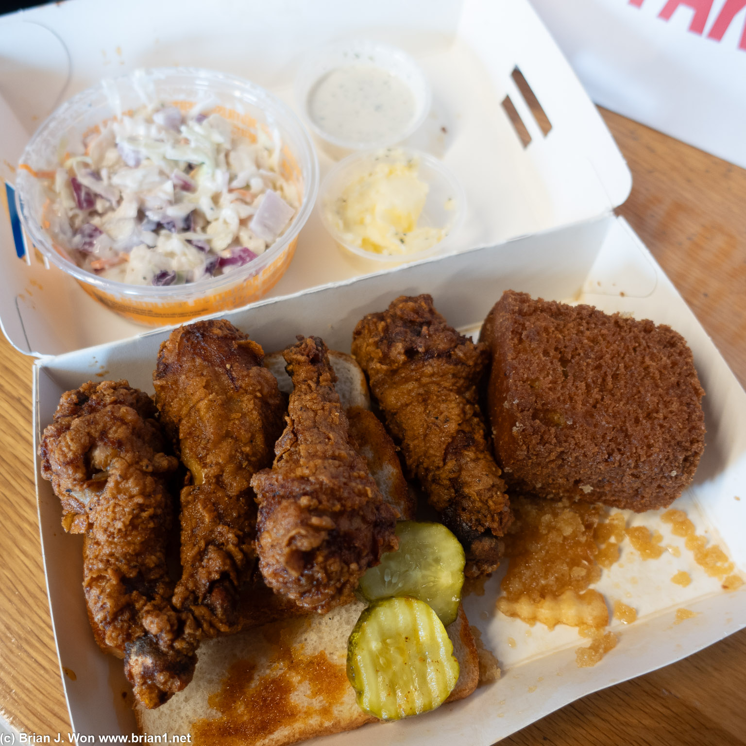 Deep fried cornbread is a waste, and why are the drumsticks so tiny? Coleslaw was okay.