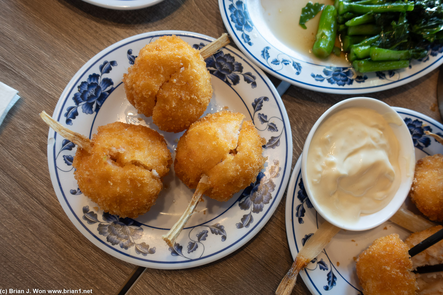 Deep fried shrimp ball. Not sure why the sugar cane stick is so wilted here.