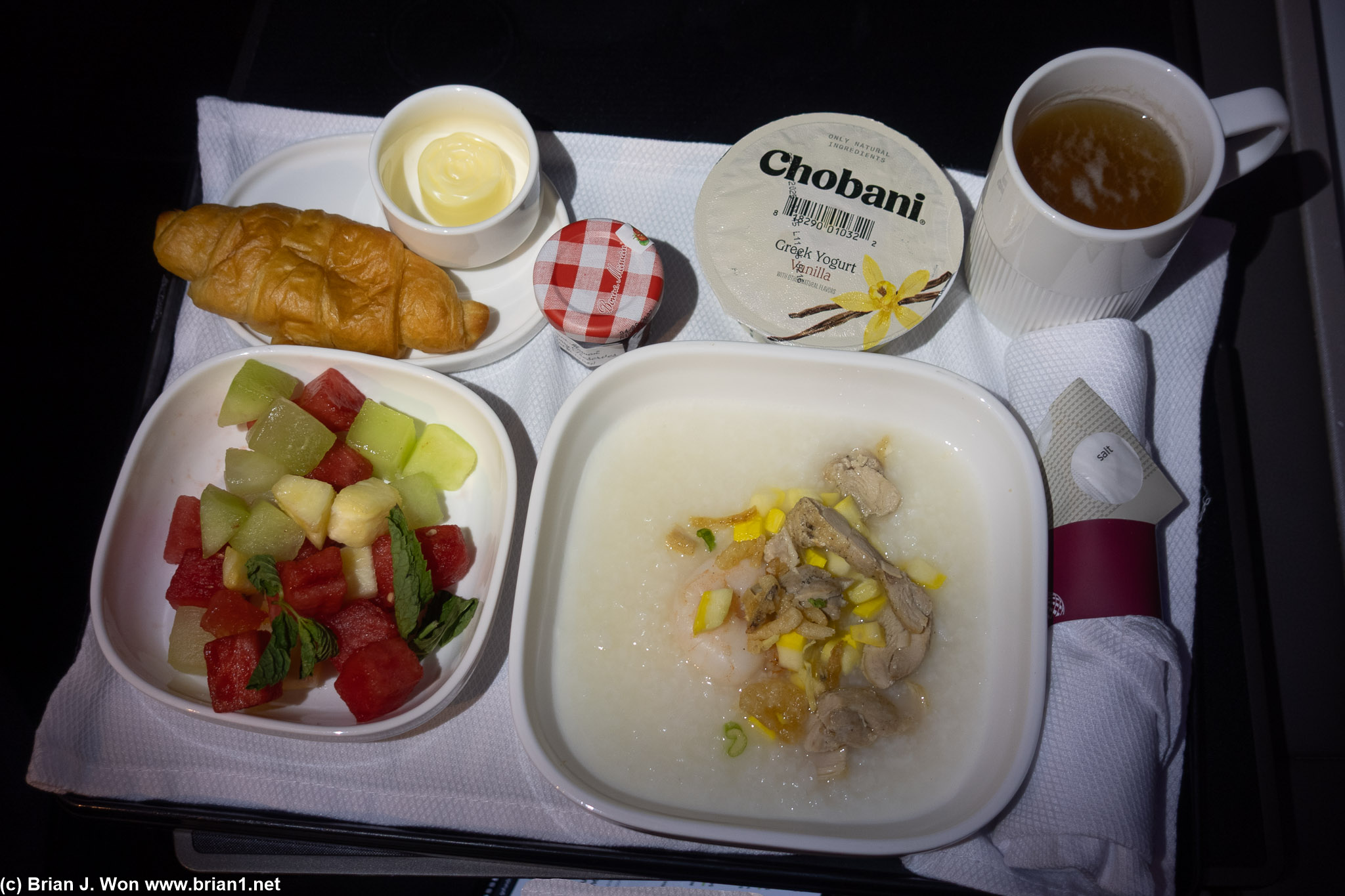 Pre-arrival meal of chicken and shrimp congee (OG shrimp congee sans chicken is still better).