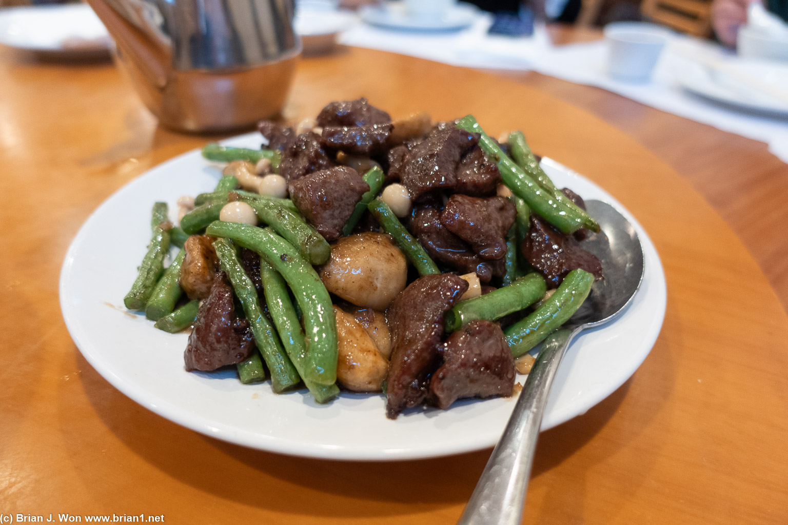 Beef, mushroom, green beans.