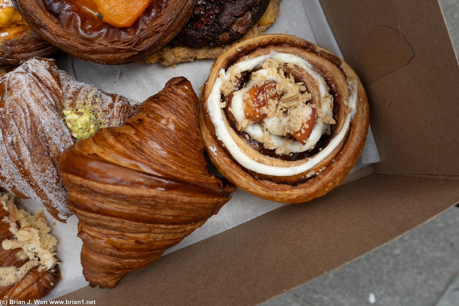 Original croissant was very good but by definition a bit plain. Peach cobbler swirl was like a cinnamon roll, could have skipped.