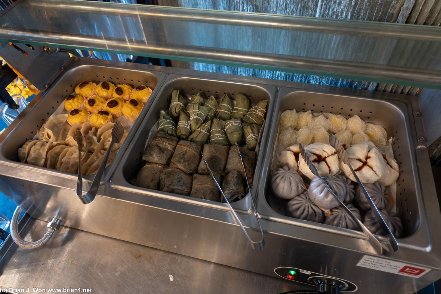 Gyoza and buns and sticky rice.