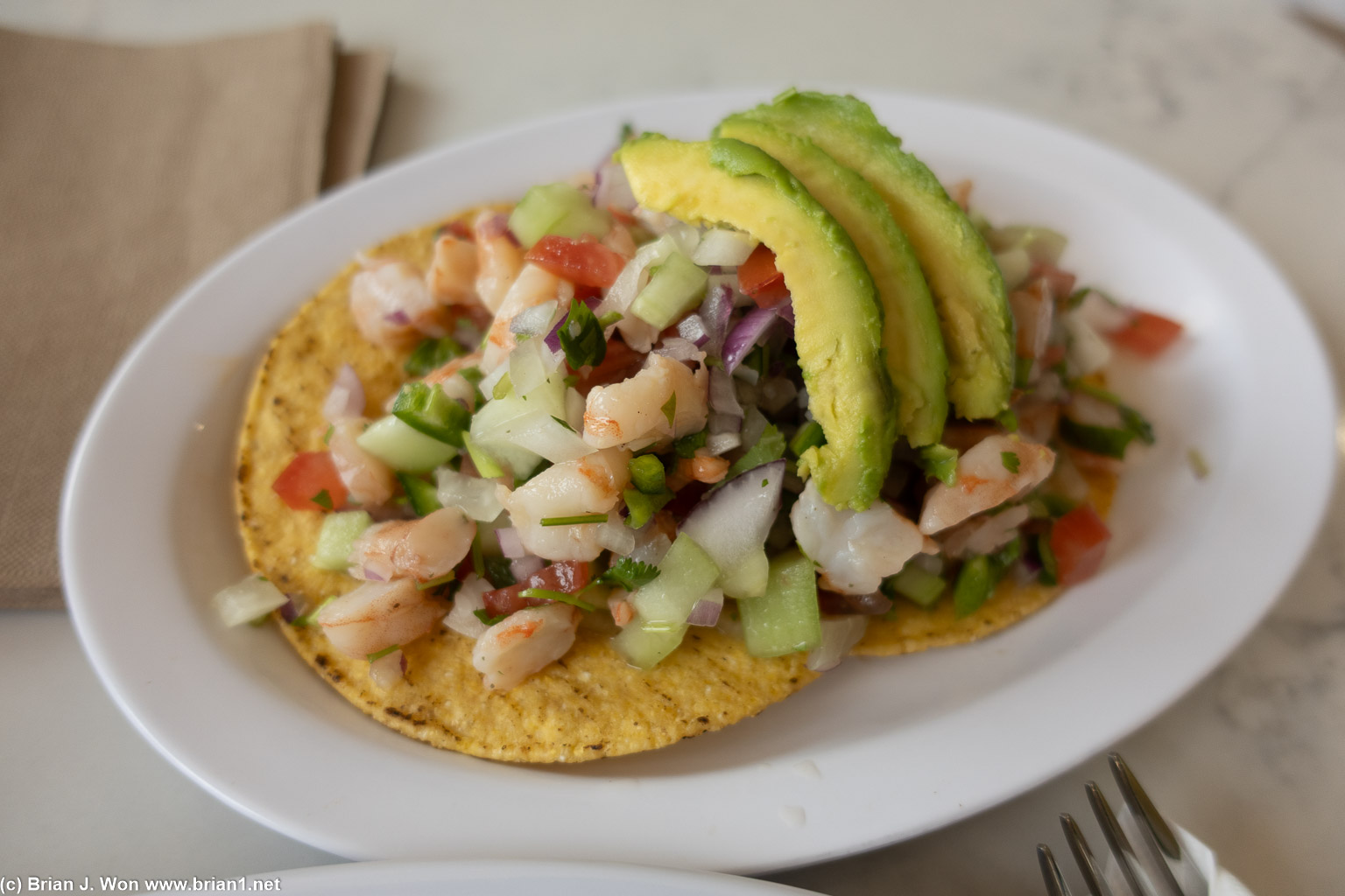 Ceviche is okay, a bit too much veggie, not enough shrimp.