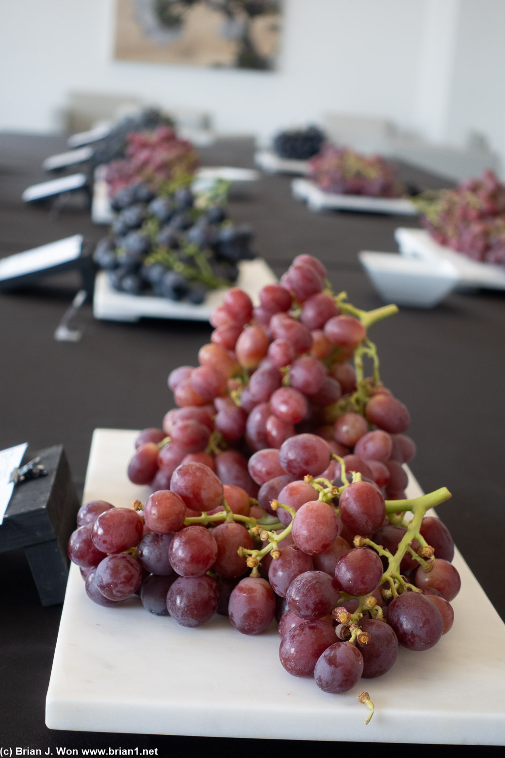 Red, black, and green grapes.