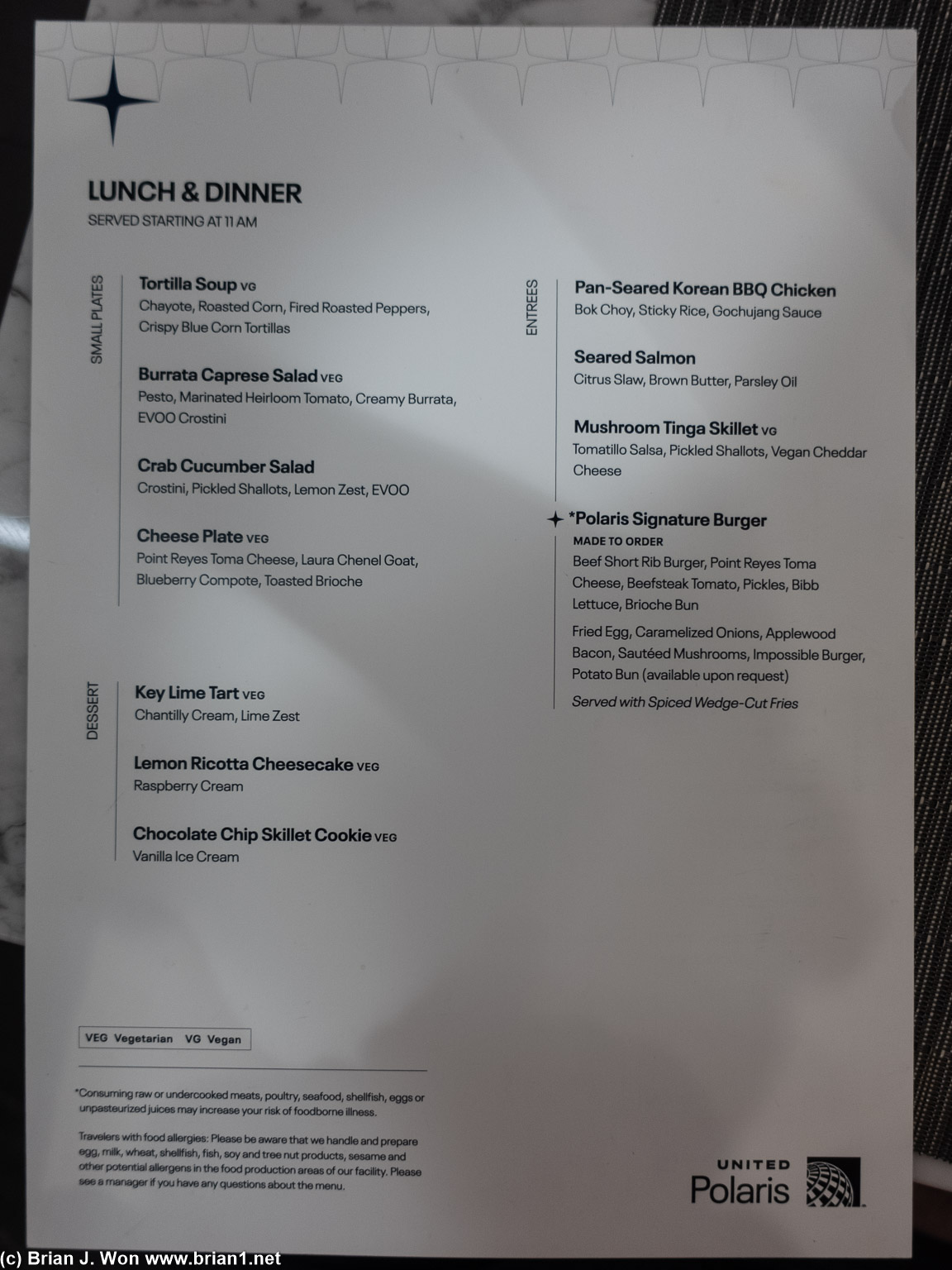Menu at the Polaris Dining Room at LAX.