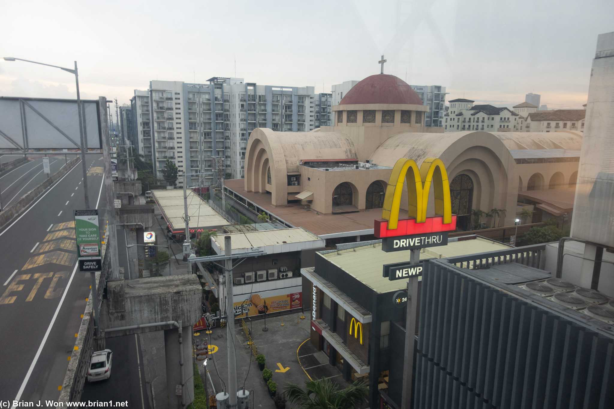 Freeway, church, skybridge, and of course, a McDonald's.