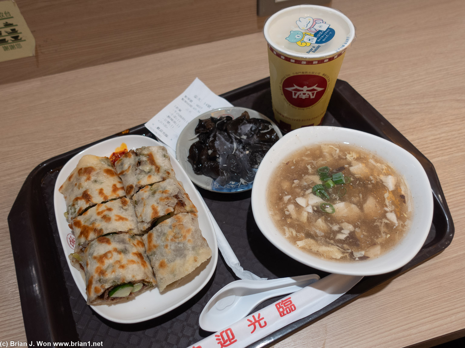 Needed beef roll, hot and sour soup, and soybean drink.