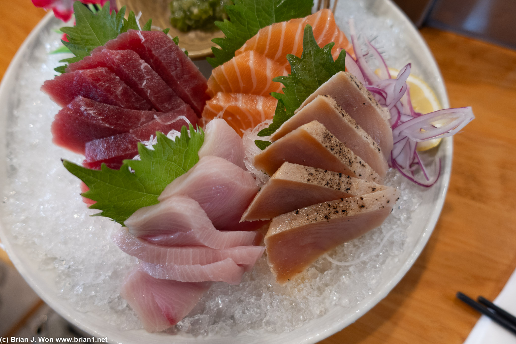 Akami (bluefin tuna), salmon, aburi shiro maguro (seared albarcore), hamachi (yellowtail).