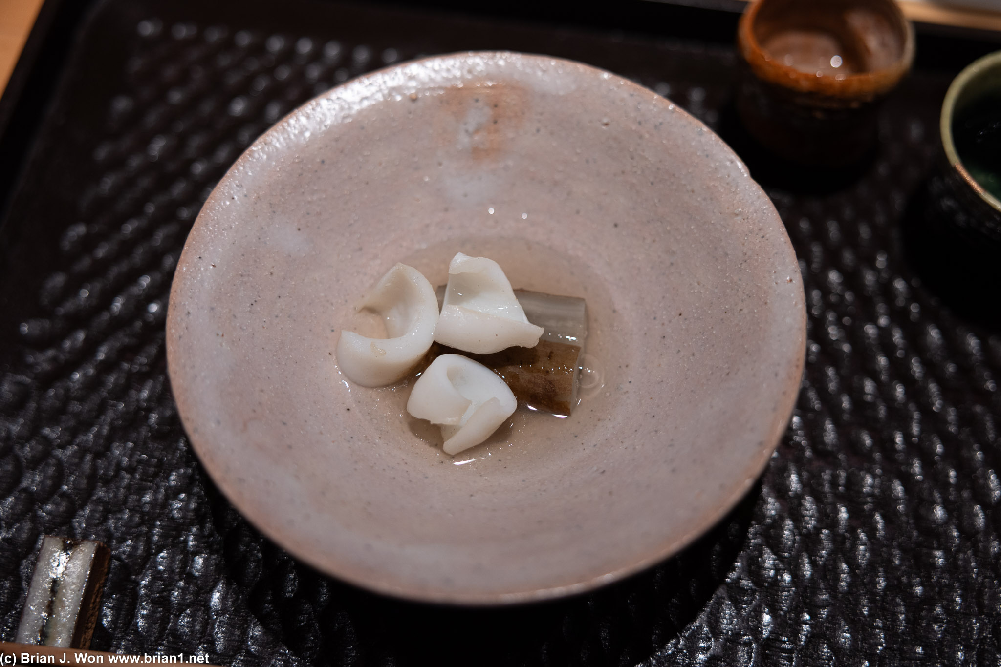 Shin ika, gobo, silver ankake (baby squid and burdock root).