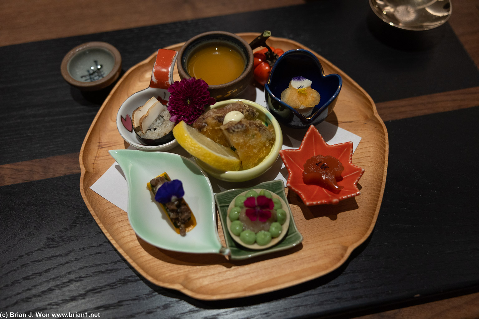 Zensai: butternut squash + Kabocha, tartlet, persimmon + jicama, waygu taco, agemono, matsutake maki, apple kanten.