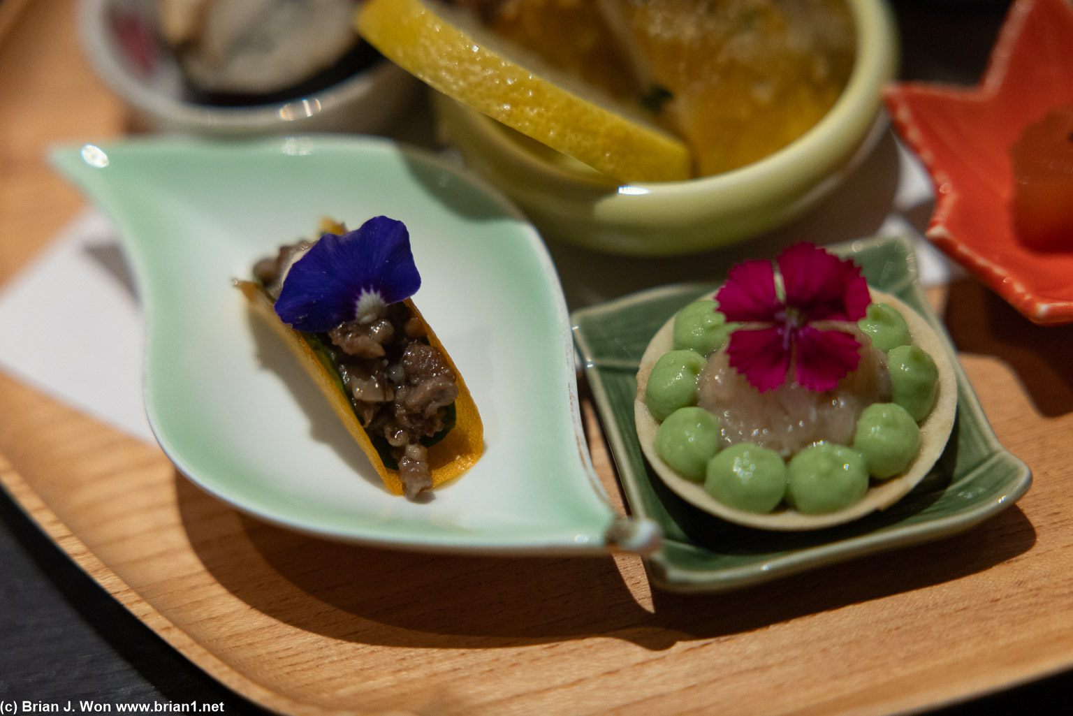 Waygu taco close-up. Tartlet was Spanish mackerel?