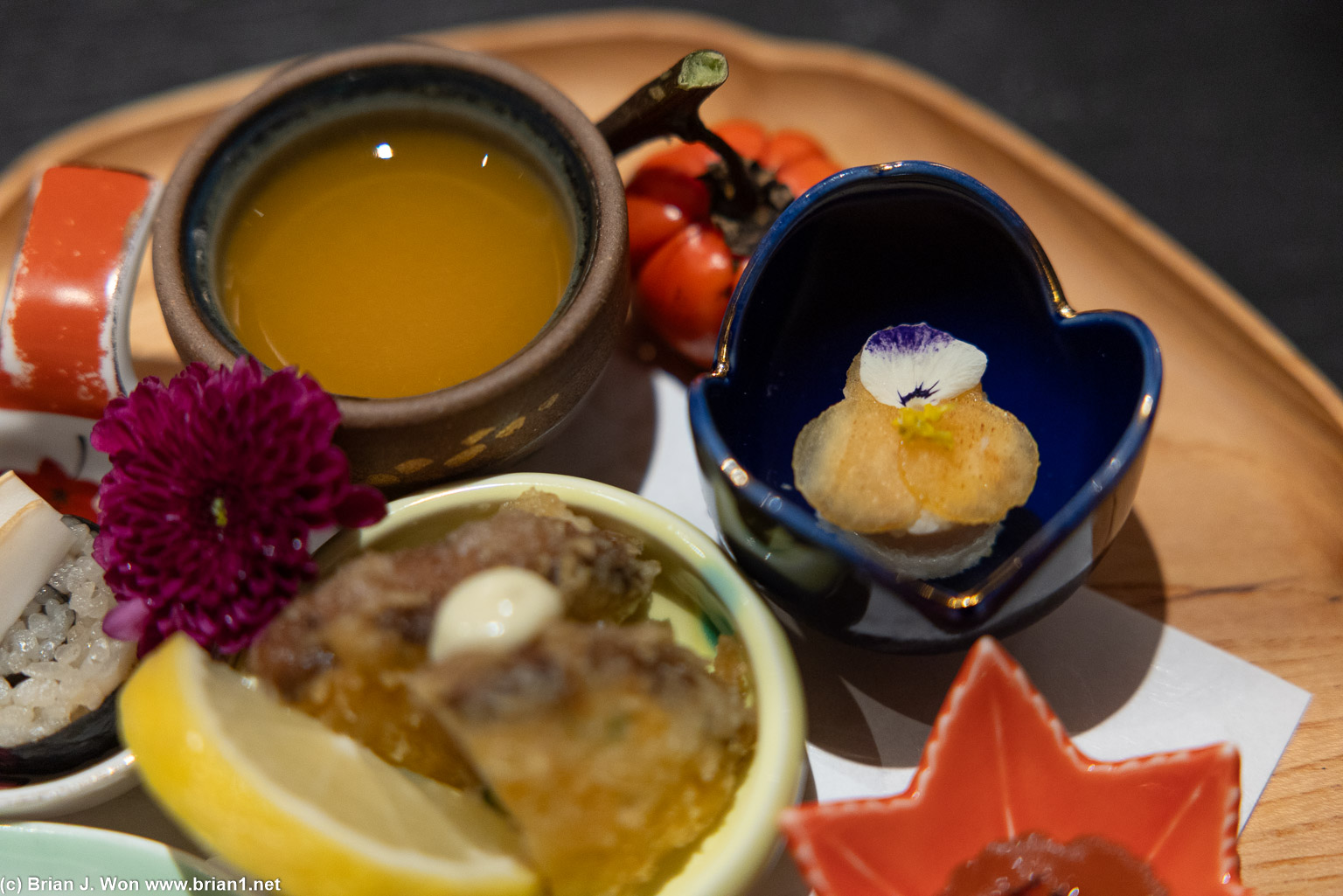 Pumpkin soup at top? I think that's tempura squash.