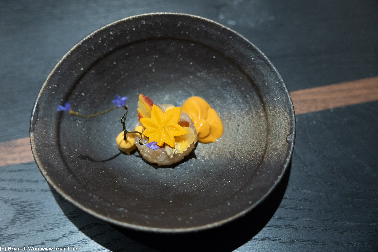 Modern zukuri: spiny lobster tartare, morita + pepita, butternut squash, carrot.
