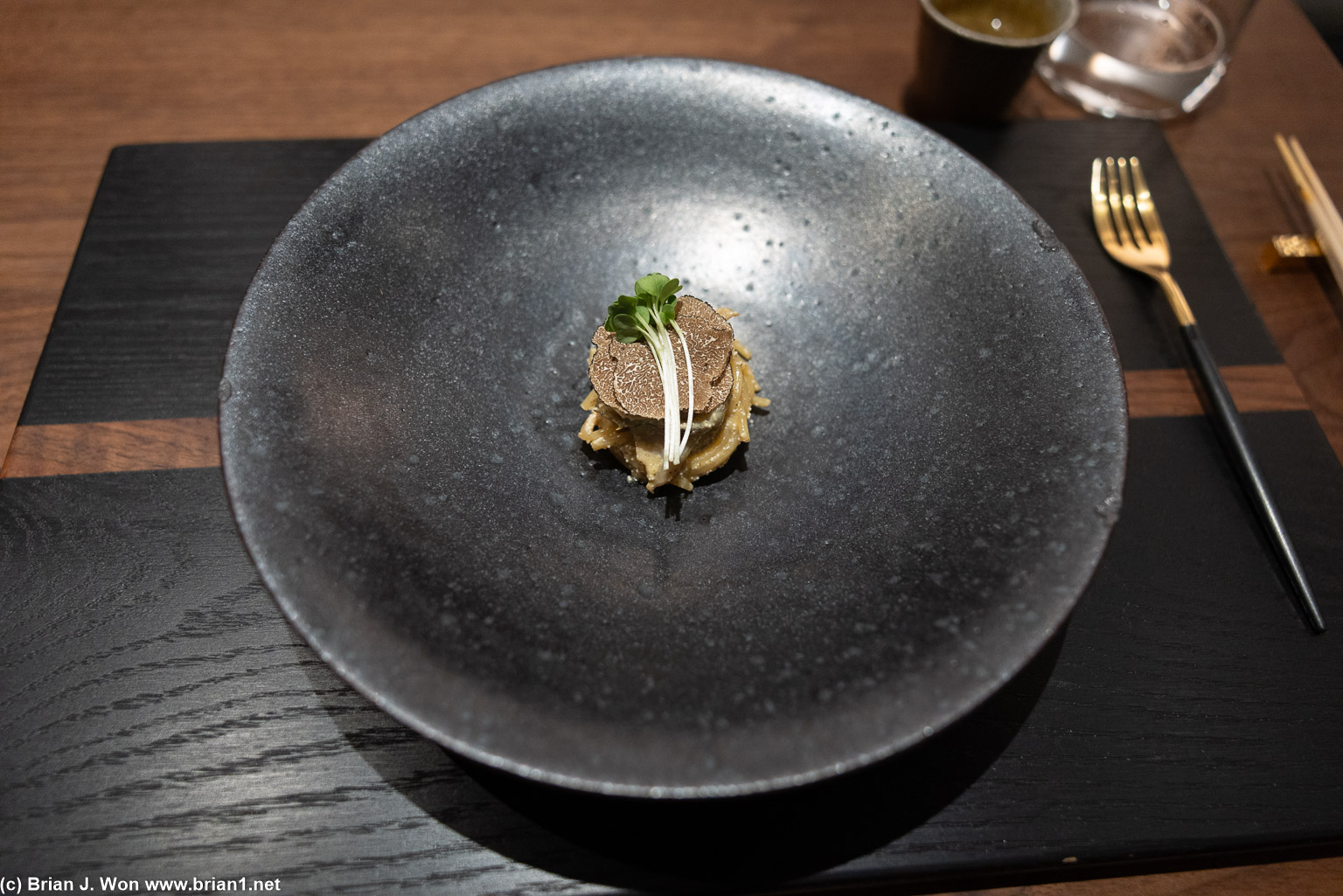 Shiizakana: spaghetti, abalone, mentaiko, truffle, kaiware.