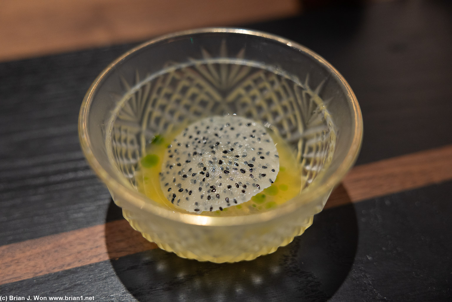 Sunomono: compressed dragonfruit, passionfruit, lemon verbena, cotton candy grapes.