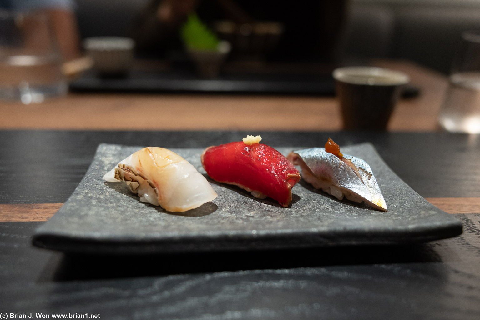 Shokuji: Japanese sea bream, soy marinated akami, Hokkaido sanwa (pike mackerel).