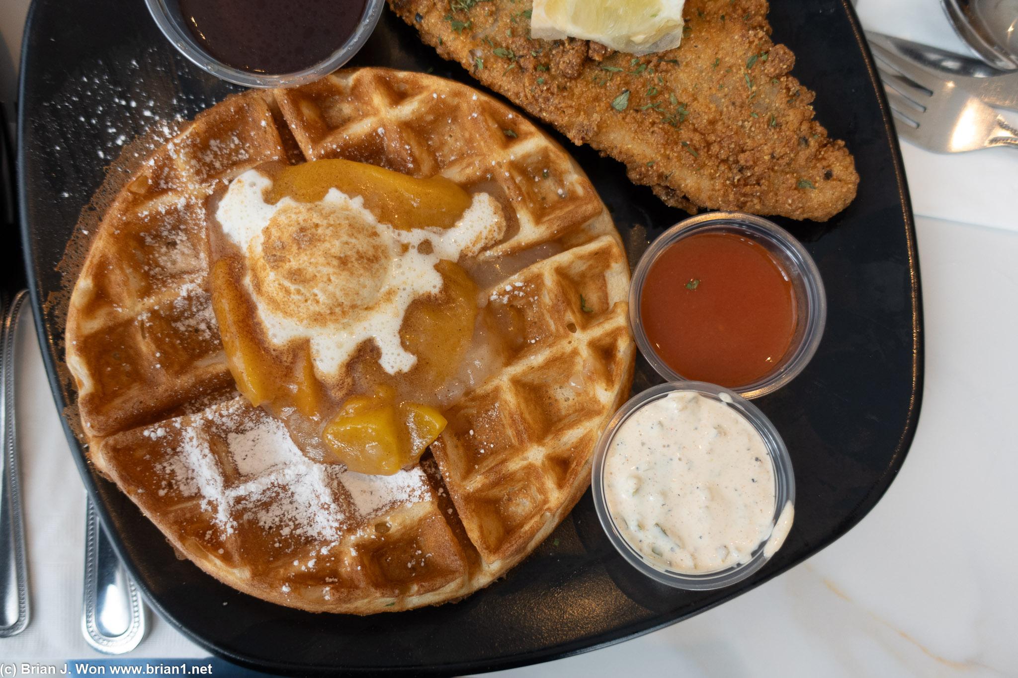 Waffle with peach cobbler. Yum.