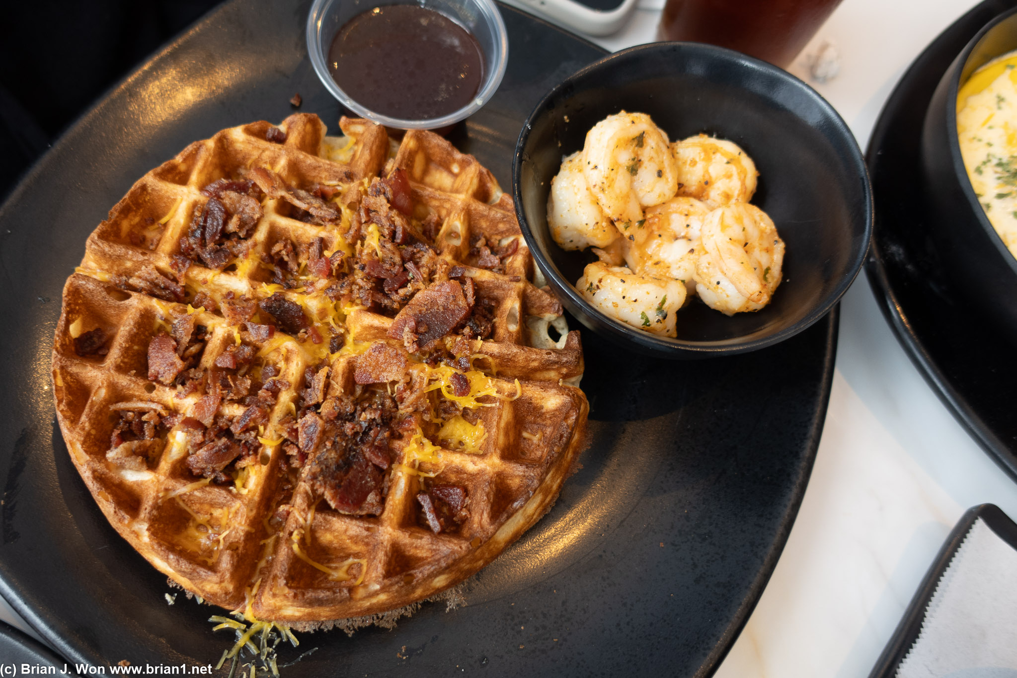 With bacon and cheese. Shrimp were okay.