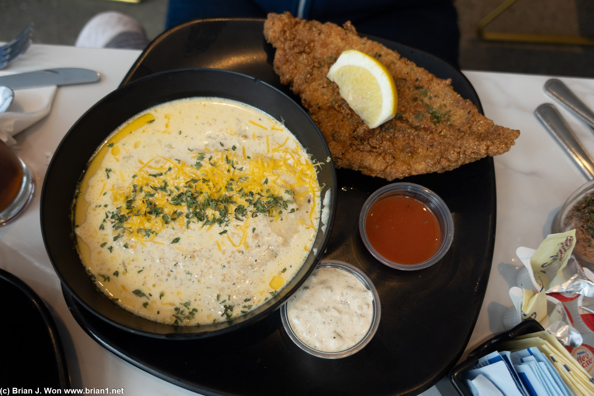 Grits and cheese and shrimp, plus fried catfish. Very rich.