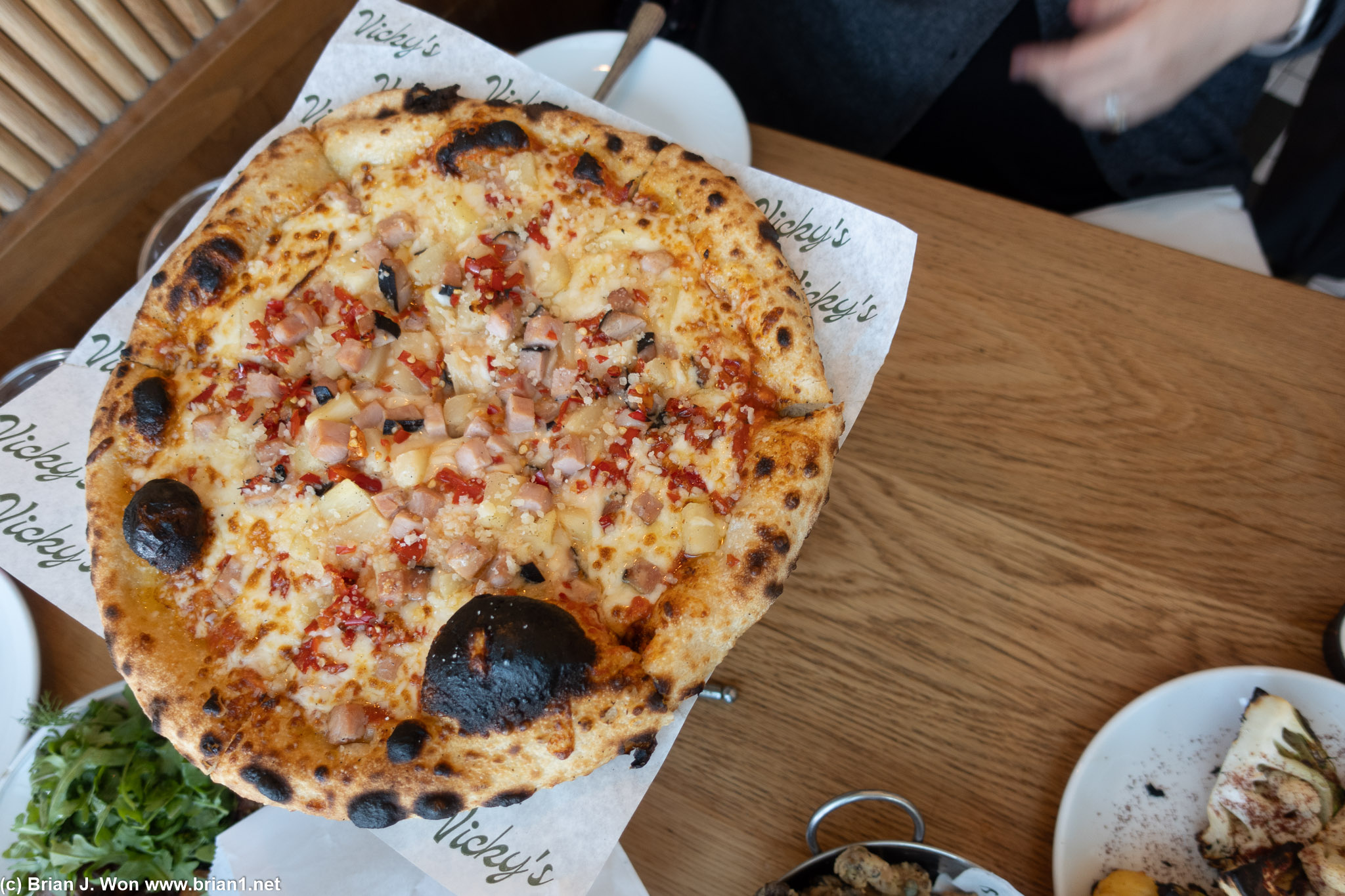 Hawaiian pizza, super thin crust, cheese a bit different, but enjoyable in the end.