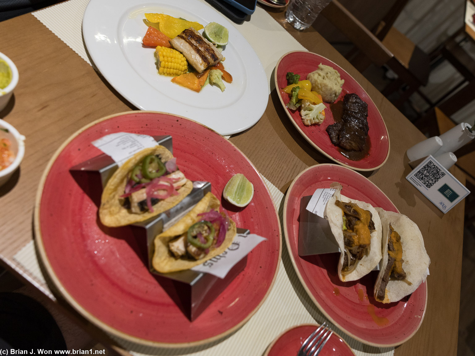 Fish tacos and carne asada tacos both me, the entrees were better.