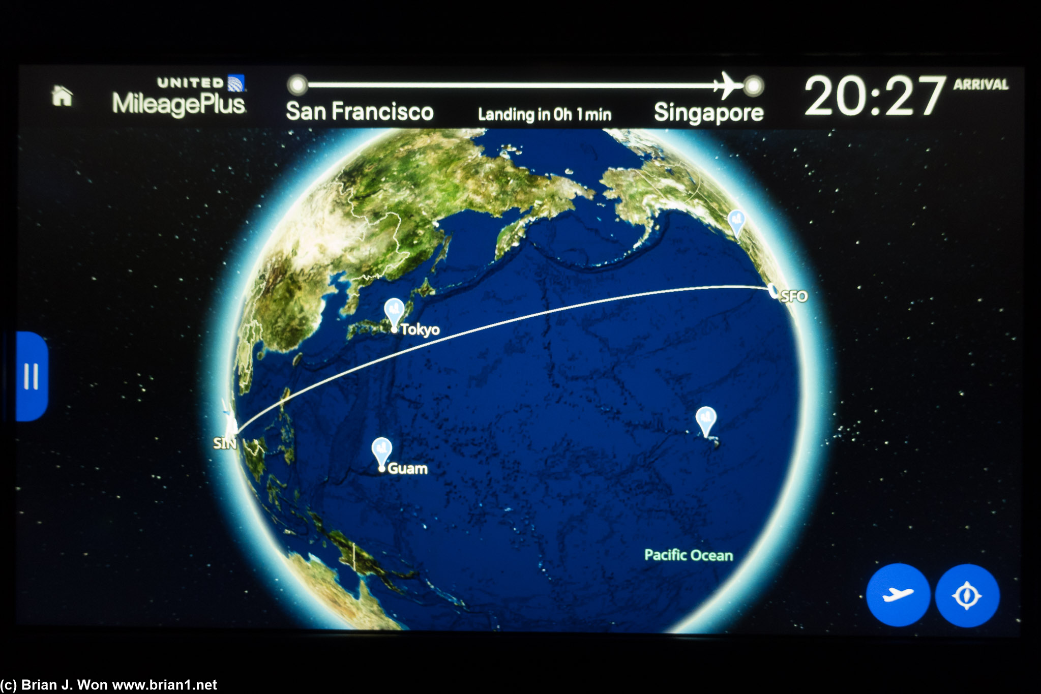 16hr 30min flight time (actual), 8,447 miles (IFE), 9,088 miles (Flightaware), 8,445 miles (great circle).