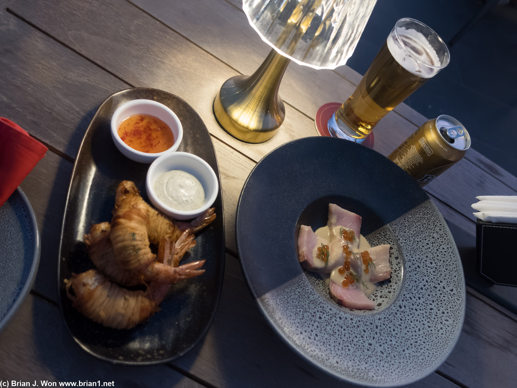 Jumbo shrimp and hamachi sashimi.