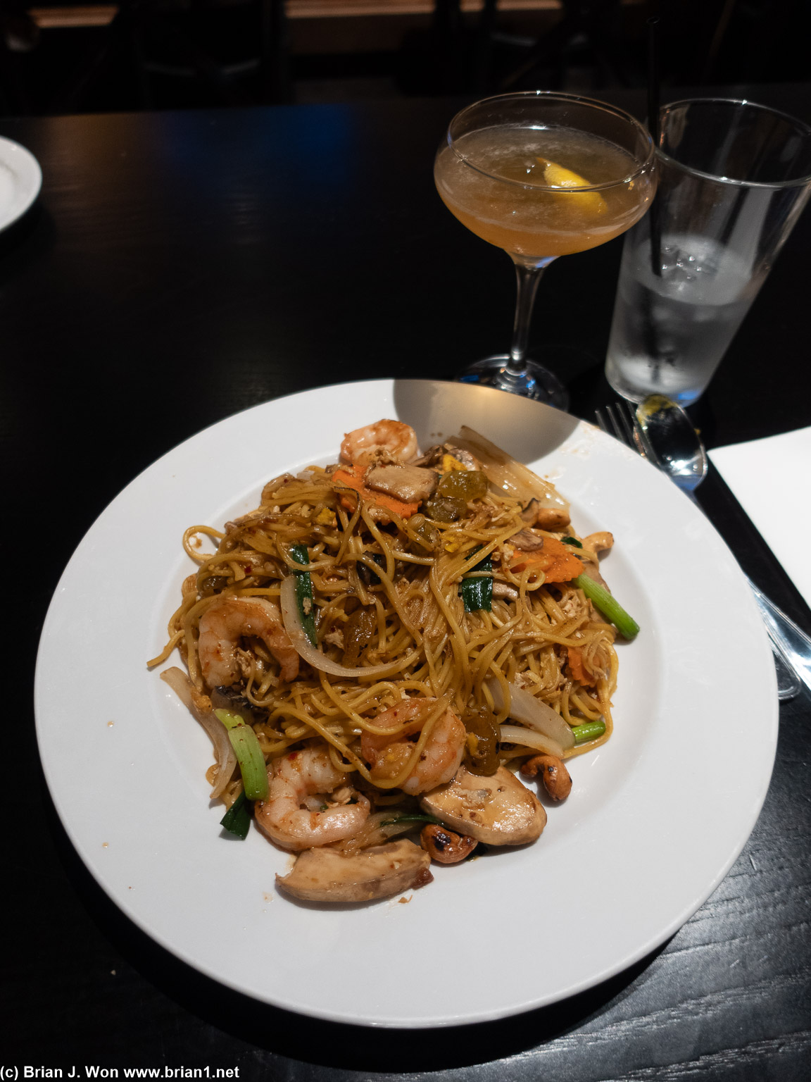 Cashew, grape, and shrimp chow mein was kind of overcooked. Ginger cocktail was not memorable.