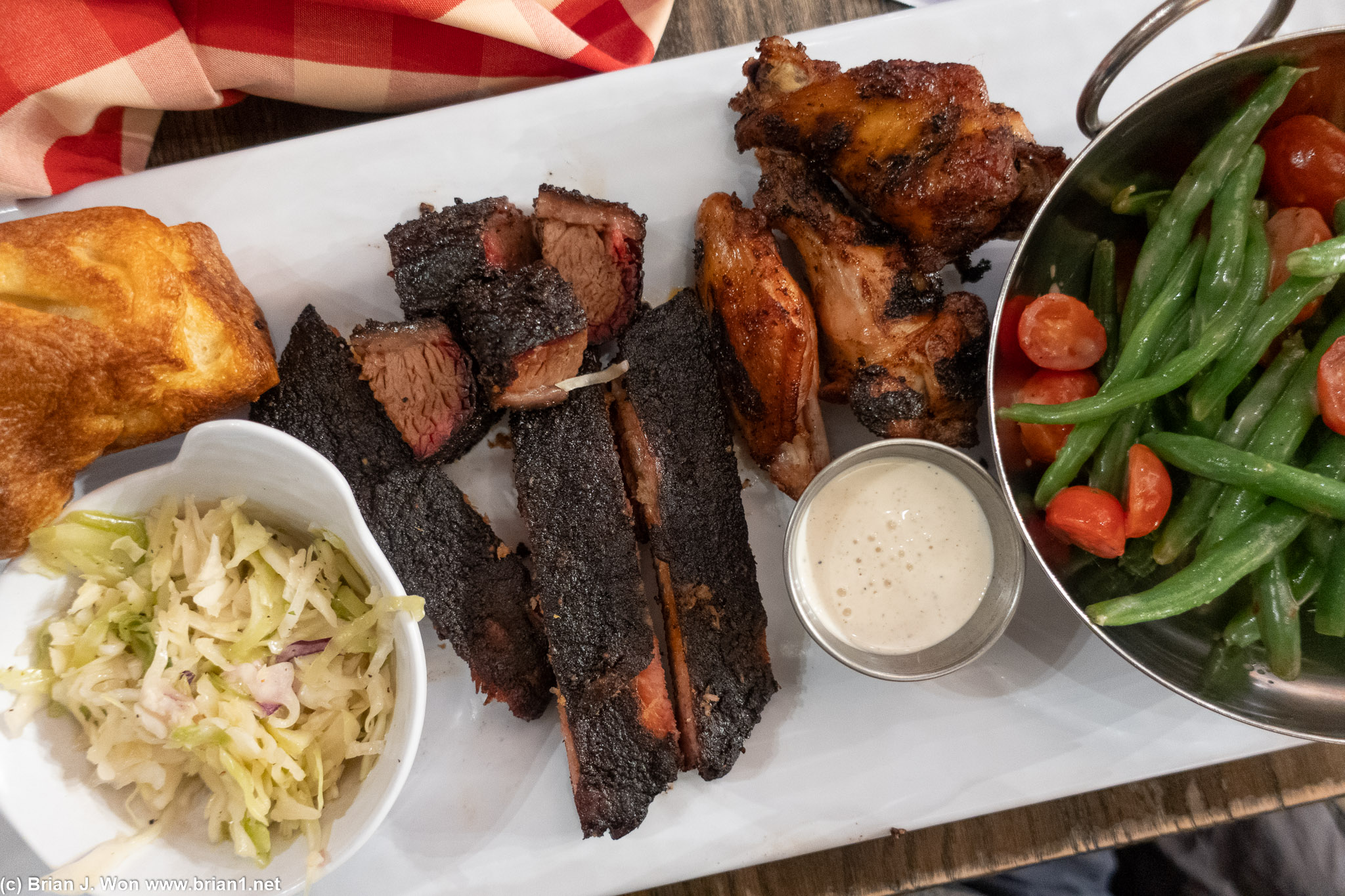 Ribs and burnt-ends both kind of dry, chicken wings were acceptable.