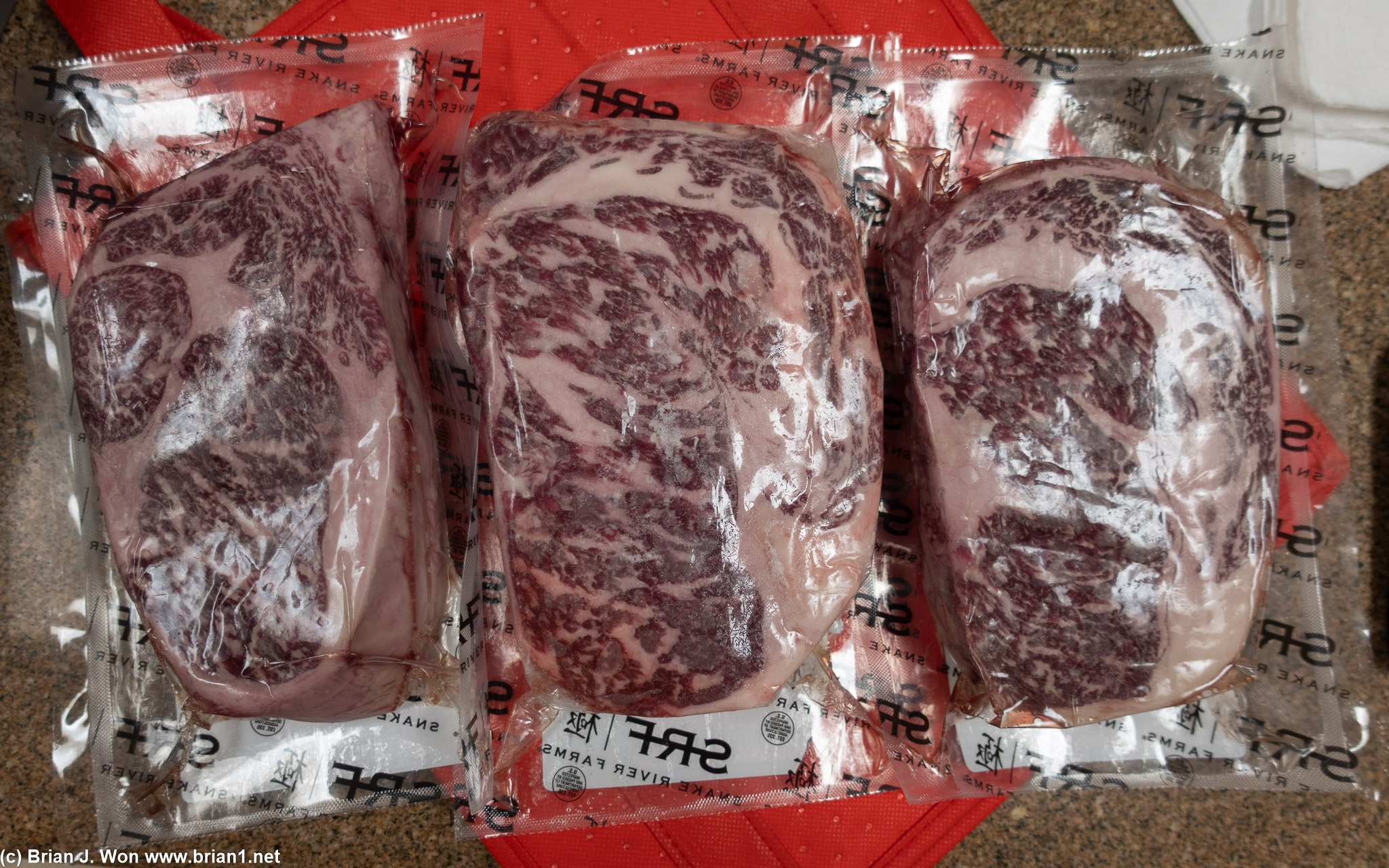Snake River Farms Gold Grade 1.5" thick ribeyes.